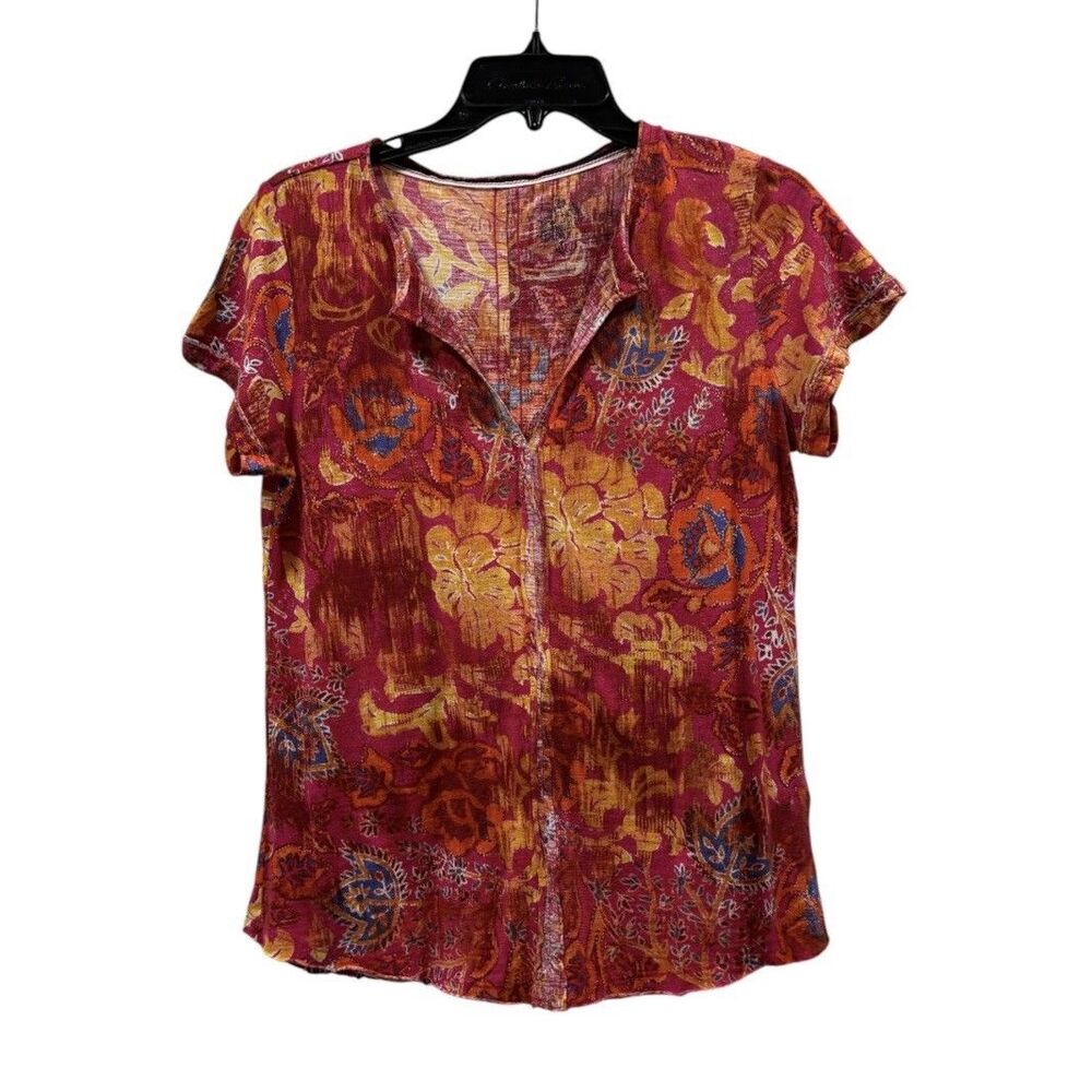 Pilcro Anthropologie Red Spliced Neck Floral Tee Size S